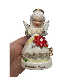 Vintage 1953 Napco December Angel Figure A1372 Poinsettia & Spaghetti Trim